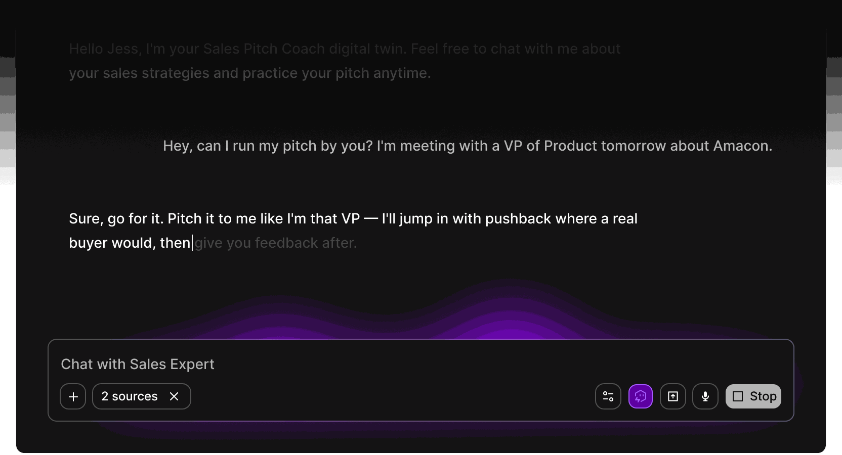 A Digital Twin rehearsing a sales pitch in Rilt