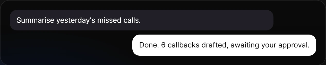 Rilties: a request to summarise missed calls and the drafted answer awaiting approval